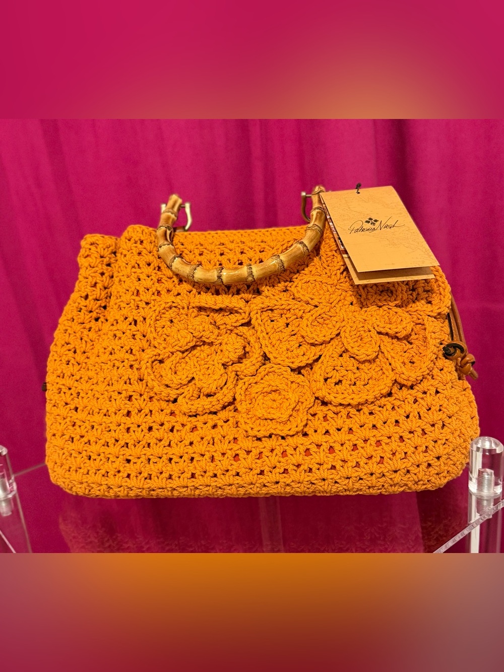 Patricia Nash Mustard Crochet Floral Tote with Bamboo-Style Handle